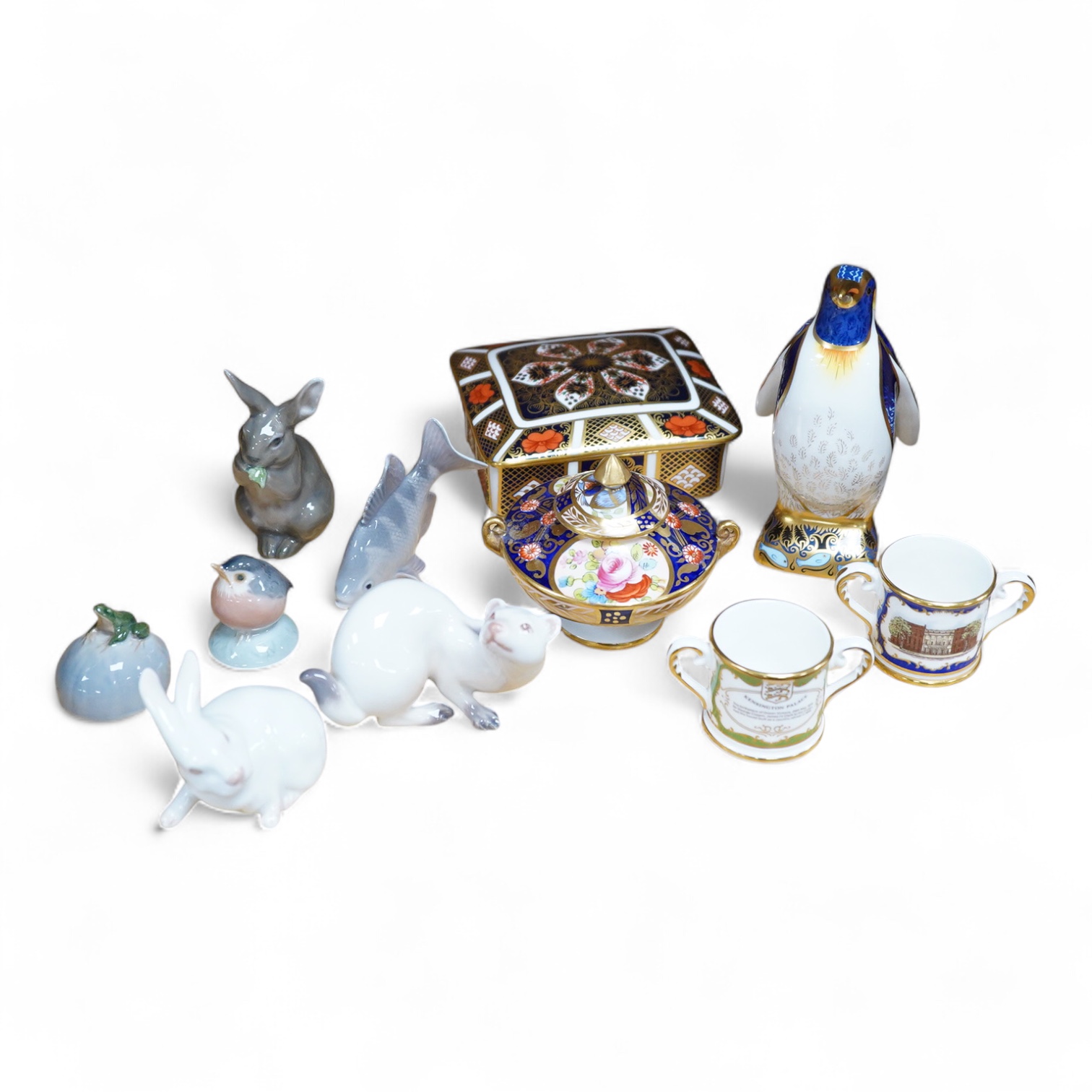 Six small Copenhagen figures, a Derby penguin and four other items